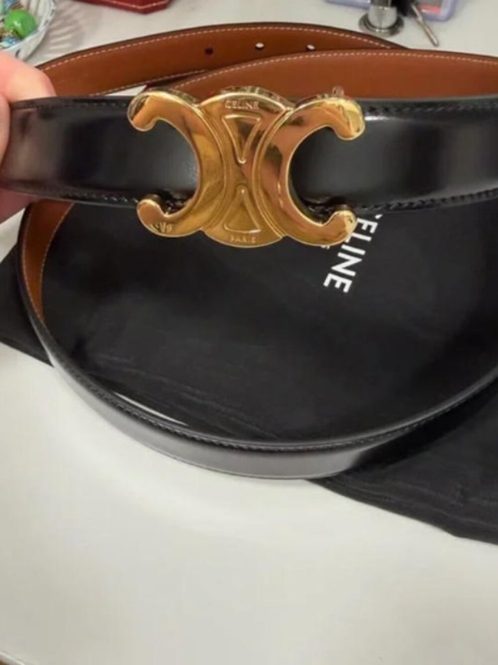 New Celine Triomphe Reversible Leather Belt - Black/Tan - 90cm - Picture 2 of 10